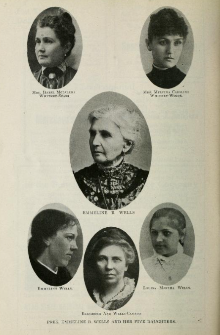 This photomosaic from the February 1916 <em>Relief Society Magazine</em> shows Emmeline B. Wells and her five daughters, whose successes she rejoiced in and whose hardships brought her profound grief. "Darling" was a favorite word she used in her diaries to describe beloved family members. Her two daughters with husband Newel K. Whitney and three with husband Daniel H. Wells were her "darling Belle," "darling Mell," "darling Emmie," "darling Annie," and "darling Louie." With her first husband, James Harris, she also had a son, "darling Eugene," who died as an infant.